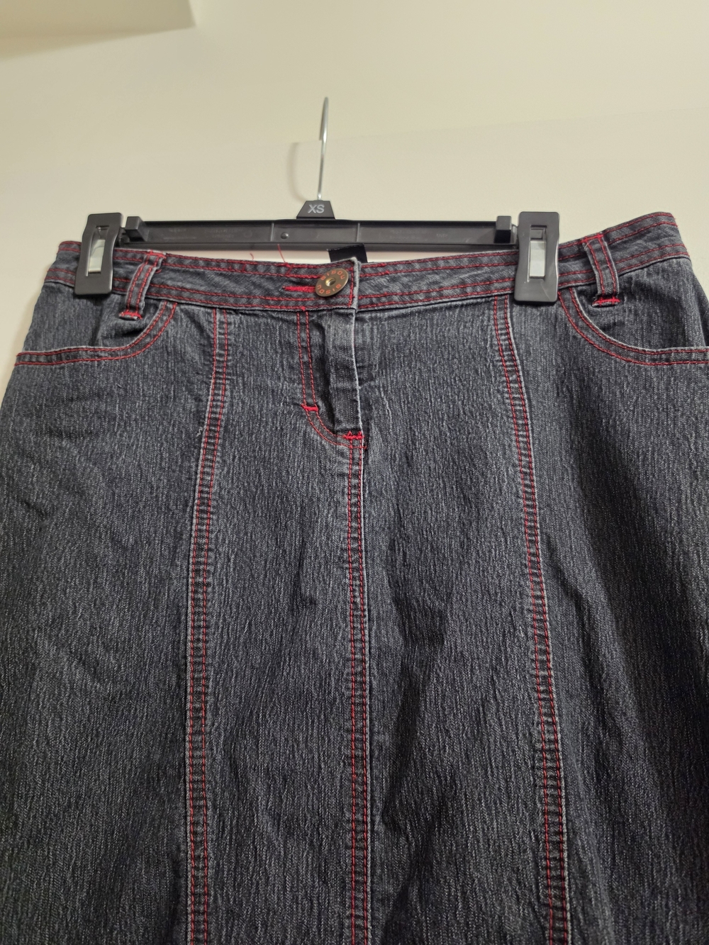 Mermaid Style Black Flared Denim Skirt with Red Stitching